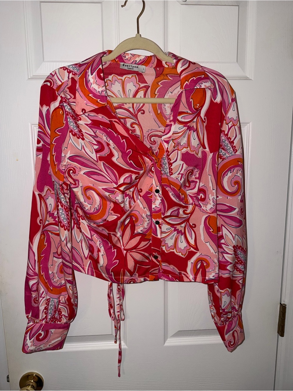 Shirt and Pant SET, Everly Pink & Orange Paisley Button Down Top & Belted Bottom